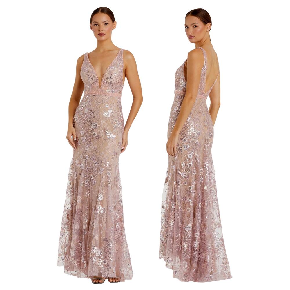 Mac Duggal Floral Sequin Embellished Plunge Neck Gown 67481 Formal Party Prom 0